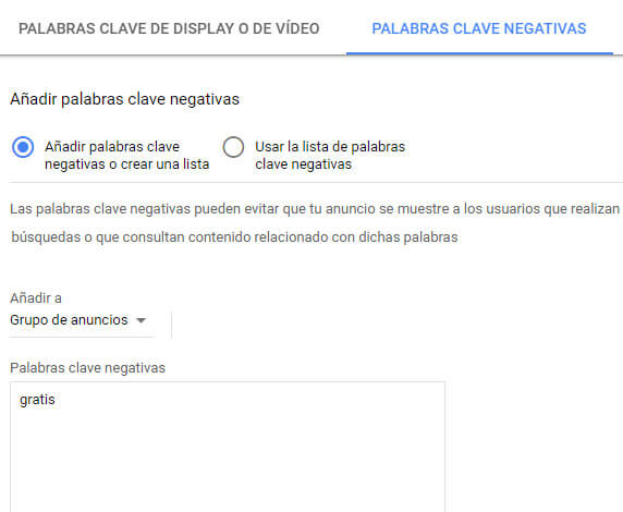 Palabras negativas Google Adwords